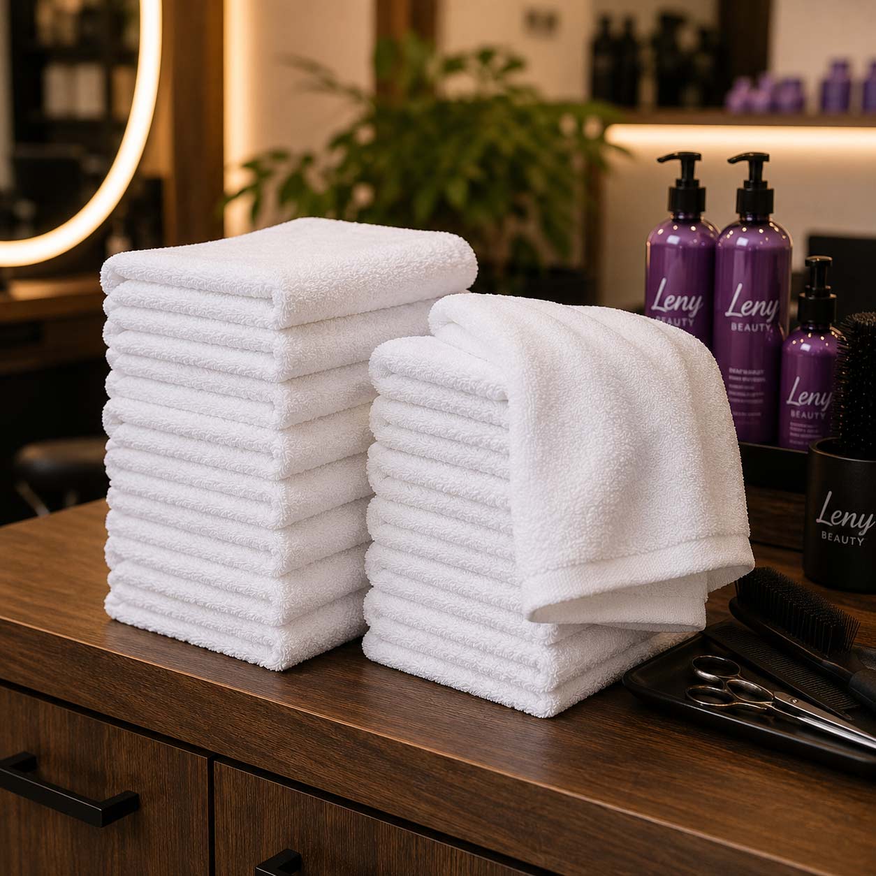 Serviettes professionnelles Leny Beauty pliées en pile